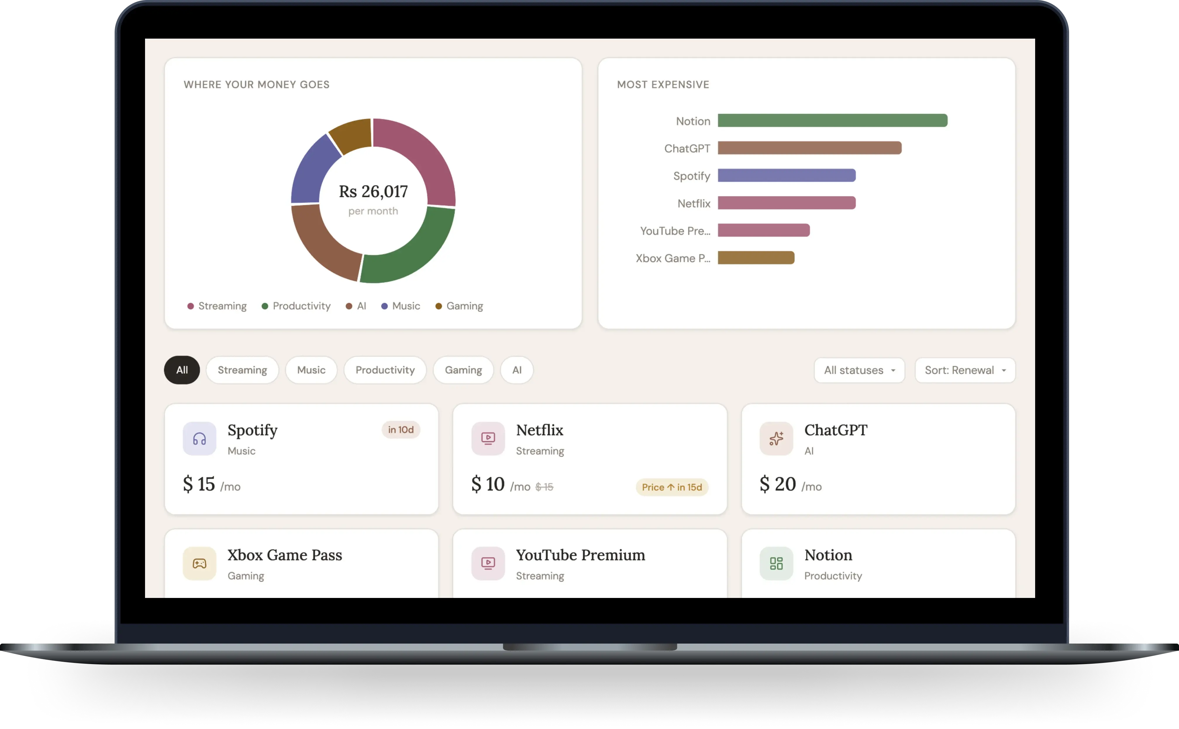 subtab dashboard showing subscription cards, spending charts, and monthly totals